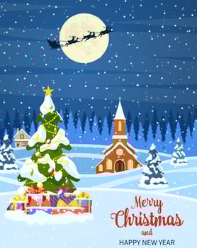 Christmas landscape background with snow and tree. Merry christmas holiday. New year and xmas celebration. Vector illustration in flat style