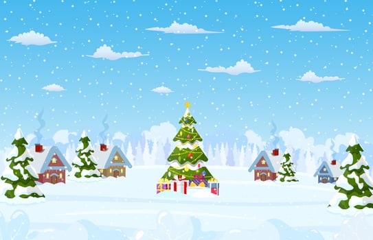 Christmas landscape background with christmas tree with gifbox. Merry christmas holiday. New year and xmas celebration. Vector illustration in flat style