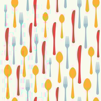 Cutlery icon seamless pattern. Fork, knife, spoon silhouettes and contours in different sizes and colors. texture for menu. Vector illustration in flat style.