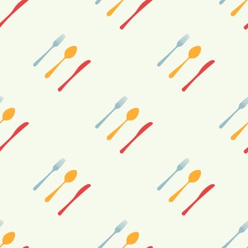Cutlery icon seamless pattern. Fork, knife, spoon silhouettes and contours. texture for menu. Vector illustration in flat style.