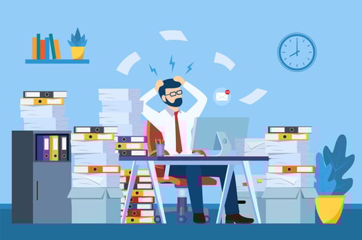 Tired and exasperated office worker is grabbed his head among piles of papers and documents. Stress in the office. Rush work. Vector illustration in flat style