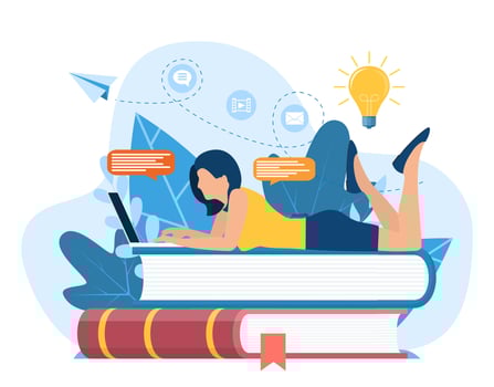 Girl lying on pile of books. Concept illustration of online courses, distance studying, self education, digital library. E-learning banner. Online education. Vector illustration in flat style