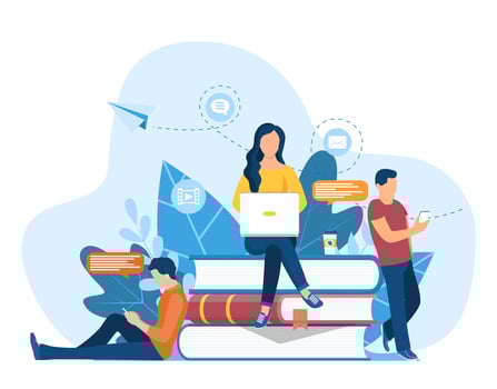 Girl sitting on pile of books. Concept illustration of online courses, distance studying, self education, digital library. E-learning banner. Online education. Vector illustration in flat style