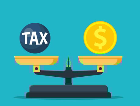 Scales balancing with metal tax weight ball and cash money. Tax burden concept. Debt, fee, crisis and bankruptcy. Vector illustration in flat style