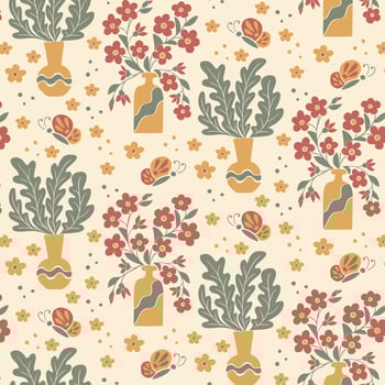 Seamless pattern with floral bunches in vases on light background. Hand drawn flat abstract flowers, leaves in vases. Trendy retro print design for textile, wallpaper, interior, wrapping paper vector