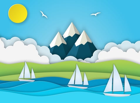 Sea landscape with island, waves, clouds. Sailboat in the sea. Paper cut out digital craft style. abstract blue sea and beach summer background with paper waves and seacoast. Vector illustration