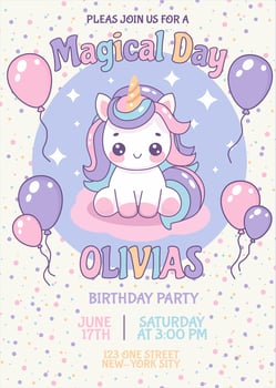 Birthday invitation card with magical cute unicorn and balloons. Children's birthday invitation template. Vector illustration on a colored background.