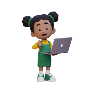 3D cute girl character give a thumb up while holding a laptop png