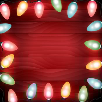 Colorful Christmas Lights on Red Wooden Background Illustration vector