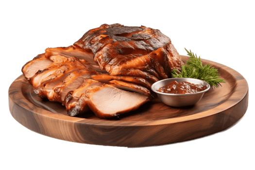 AI generated Smoked Turkey on a Wooden Plate Isolated on Transparent Background. AI png