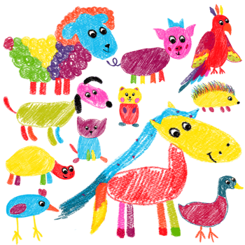 Set of hand-drawn farm animals. Children's sheep, horse, dog, cat, rooster, pig, tulips, house, stars and clouds. Pencil technique. Isolated. For textiles and scrapbooking. png