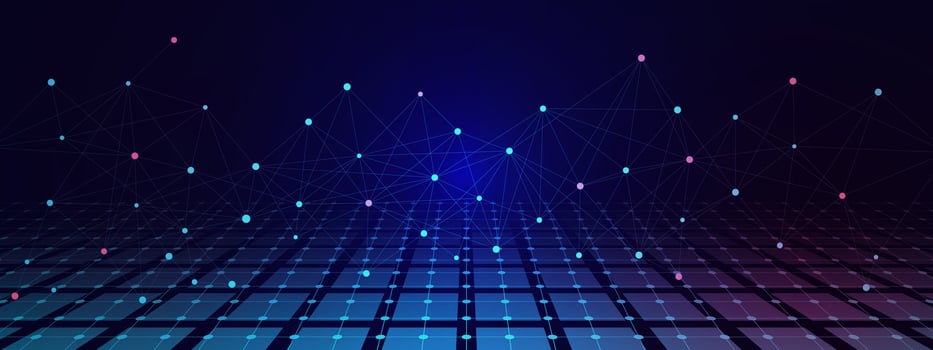 Abstract connecting dots and lines with perspective grid. Network connection, internet technology and science concept background. Vector illustration.