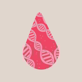Drop of blood with DNA spirals inside. Vector decorative flat illustration for design.