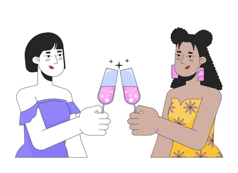 Girlfriends lesbians clinking glasses 2D linear cartoon characters. Charmed homosexual female couple isolated line vector people white background. Celebrating champagne color flat spot illustration