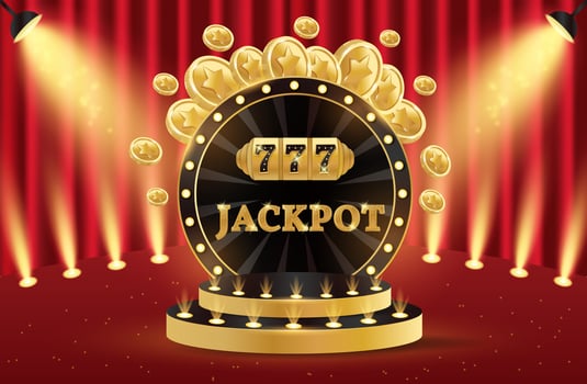 Casino jackpot podium. 3d retro casino podium. Podium with coins, slot machine and jackpot. Casino scene, stage, studio or room. vector