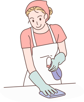 Cleaning service for housework, housekeeper character with spray bottle and rag to cleaning floor. Hand drawn style. png