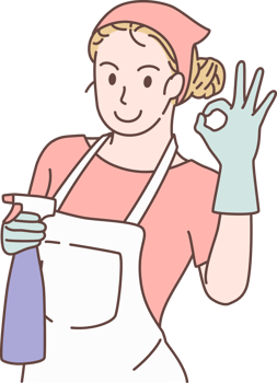 Cleaning service for housework, housekeeper character pose OK signs with spray. Hand drawn style. png