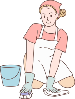 Cleaning service for housework, housekeeper character scrubs and cleans the floor in bathroom. Hand drawn style. png