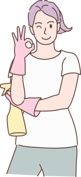 Cleaning service for housework, housekeeper character pose OK signs with spray. Hand drawn style. png