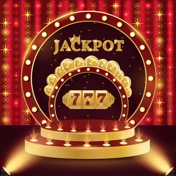 Casino jackpot podium. 3d retro casino podium. Podium with coins, slot machine and jackpot. Casino scene, stage, studio or room. vector