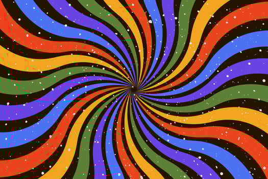 Groovy abstract rainbow swirl on black background. Retro design in 1960-1970s style. Vintage sunburst backdrop. Colorful summer hippie carnival vector illustration