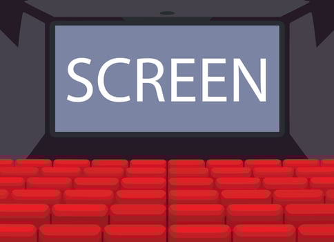 Movie theatre background with white screen red curtains and chairs. vector