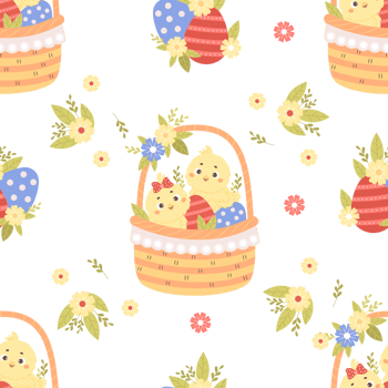 Seamless Easter pattern. Cute pair boy and girl chicks in  basket png