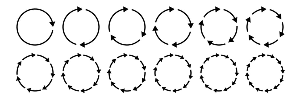 Circle arrow chart. Cycle icon, circular infographic element. Round step loop, sync loading symbol. Dynamic progress option editable stroke vector signs