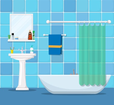 modern bathroom interior with furniture. Home Interior Objects - bath, square mirror, wash basin. Vector illustration in flat style
