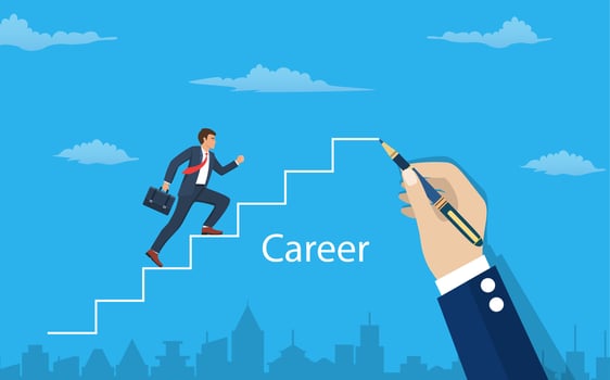 Man is climbing career ladder. Human hand drawing stairs close up. Concept of business development. Vector illustration in flat style.