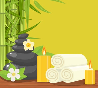 Spa concept poster with towels, stones and candle and green bamboo stems. SPA beauty and health concept. Vector illustration in flat style