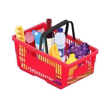 Isometric red plastic shopping basket full of groceries. Supermarket or local store. Food shopping online at home. E commerce. Vector illustration in flat style