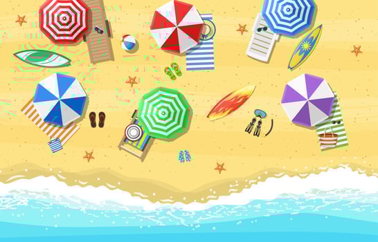 beach sun umbrellas flip-flops and beach Mat on the background of sand near the sea surf with starfish, top view. Vector illustration in flat style