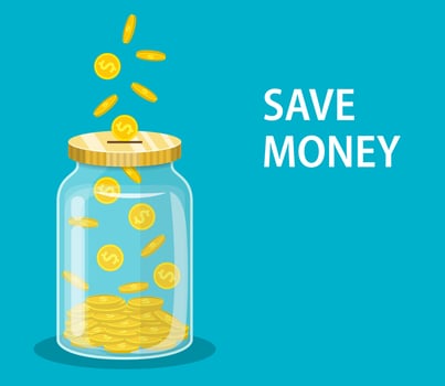 Money Jar. Saving dollar coin in jar.Save your money concept. Vector illustration in flat style