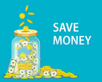 Money Jar. Saving dollar coin in jar.Save your money concept. Vector illustration in flat style