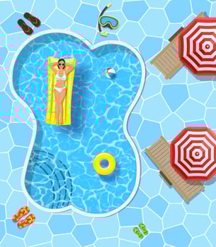 sexy girl lying on mattress, over water. beautiful girl air mattress swims in the pool of a luxury hotel, summer vacation, happiness, travel, top view. Vector illustration in flat style