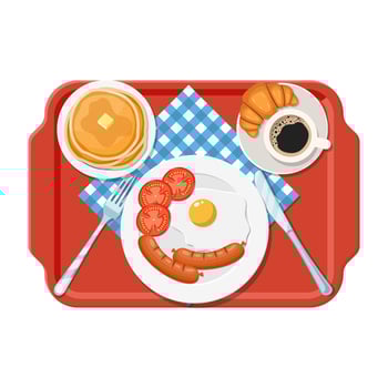 plastic tray. Breakfast concept. Appetizing delicious breakfast of coffee, fried egg with sausage, croissant and pancakes . Vector illustration in flat style