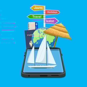 Booking travel through your mobile device. The boat drifting on the phone screen. Suitable For Wallpaper, Banner. signpost vacation, travel, journey, holidays. Vector illustration in flat style