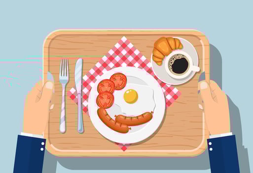 Top view of breakfast on wooden tray. Appetizing delicious breakfast coffee, fried egg with sausage, croissant vector