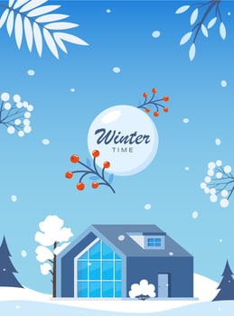 Winter landscape with big house. Winter holidays. Cute winter landscape for holiday banner. Lovely house in a snowy valley. Winter Cabin. Vector illustration.