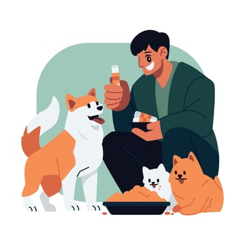 Man feeding cats and dogs Vector illustration in flat line cartoon style