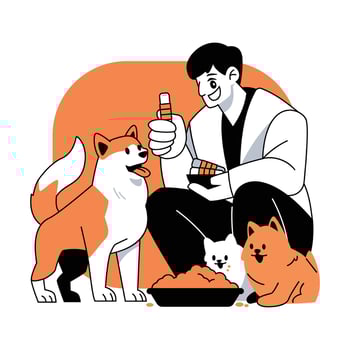 Man feeding cats and dogs Vector illustration in flat line cartoon style