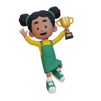 3D girl character celebrating win holding a trophy png