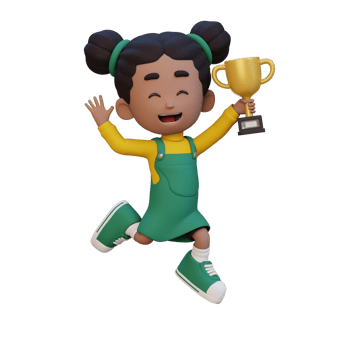 3D girl character celebrating win holding a trophy png