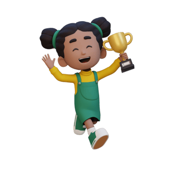 3D girl character celebrating win holding a trophy png