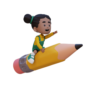 3D girl character riding a pencil and pointing hand png