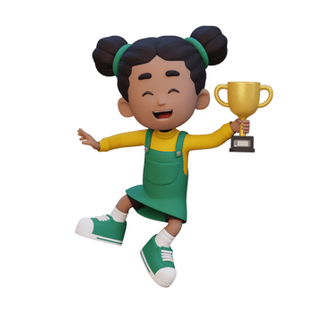 3D girl character celebrating win holding a trophy png