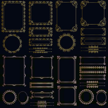 Decorative art deco frames in gold color. Line art decorative borders. Vintage frames for wedding, decoration, antique design, borders and deco divider. Vector illustration