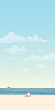 Couple of lover sitting on the beach with yacht at the horizon vector illustration. Traveling date concept flat design vertical shape have blank space.