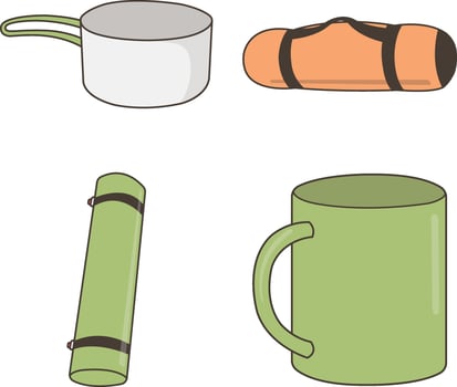 Set of Different Camping Equipment. Isolated On White Background. Vector Illustration.